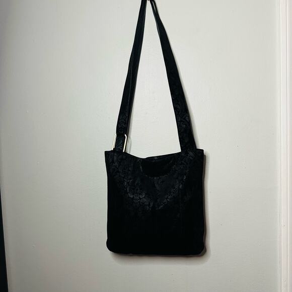 Genuine Leather Gold Zip Black Floral Design Crossbody Strap Bag - Picture 2 of 13